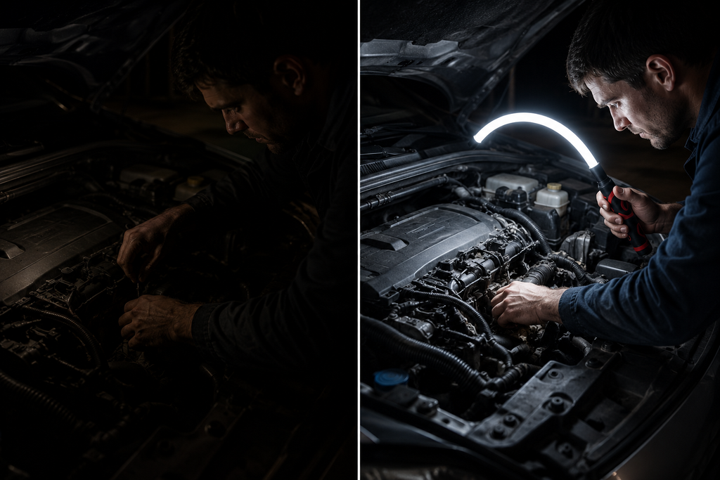 FlexBeam LED Inspection Light — before and after in a dark engine bay