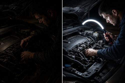 FlexBeam LED Inspection Light — before and after in a dark engine bay